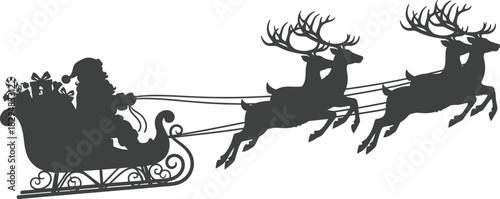 Silhouette of santa claus in sleigh pulled by reindeer flying through the air