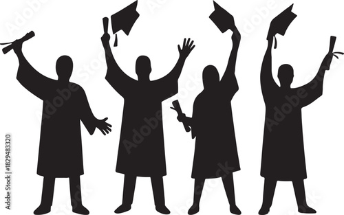 Graduation silhouette celebration with caps and diplomas raised high in the air