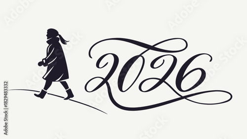 Silhouette of a woman walking in the snow next to the number twenty twenty six in calligraphy style