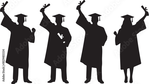 Four graduates in academic regalia celebrating with diplomas raised high.