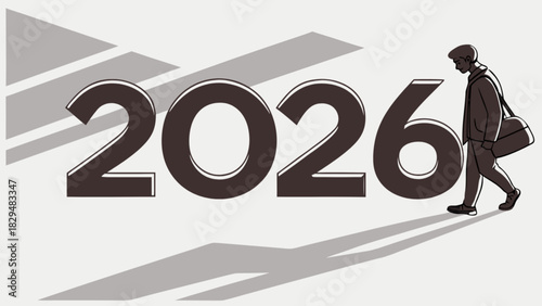 Man walking past the year two thousand twenty six with a duffel bag on a light background with shadows
