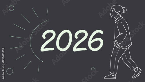 Illustration of a person walking next to the year 2026 with a sunburst on a dark background
