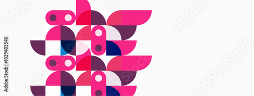 Abstract geometric composition. Circles, curves, overlapping shapes create vibrant visual texture. Pink, purple hues dominate white background.