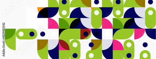 Abstract geometric pattern. Shapes overlap, creating colorful mosaic effect. Modern design, vibrant hues, simple forms.