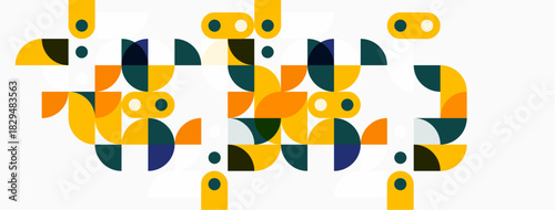 Abstract geometric shapes, vibrant colors, modern design. Composition features circles, arcs, overlapping forms creating dynamic pattern.