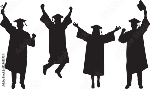 Graduation celebration silhouettes: students rejoice with diplomas and hats tossed high