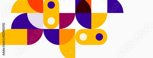 Abstract geometric shapes overlap, creating vibrant composition. Orange, purple, white dominate design. Modern aesthetic.