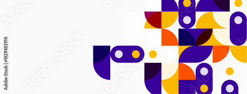 Abstract geometric shapes, purple, orange hues. Minimalist design, clean lines, modern aesthetic. Background is white. Composition feels playful, dynamic.