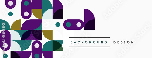 Abstract geometric shapes overlap, creating vibrant background. Modern design utilizes teal, purple, gold hues. Minimalist aesthetic.