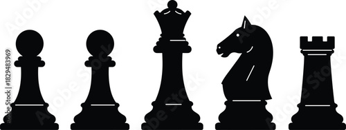 Chess Pieces Silhouette Set Including Pawn, Queen, Knight, and Rook, Black Vector Icons for Strategy, Game, Competition, and Planning Design