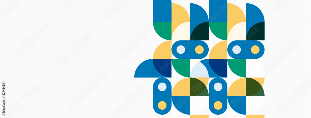 Fototapeta premium Abstract shapes, blue, green, yellow hues dominate. Minimalist design, clean lines, simple composition. Modern aesthetic, flat illustration style.