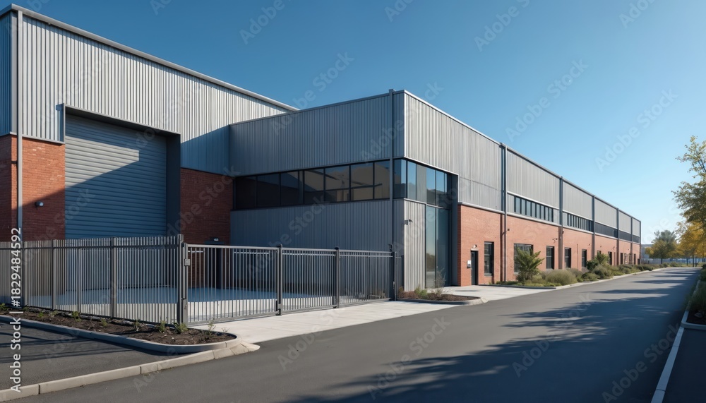 Obraz premium Modern industrial building with corrugated metal siding, brick. Large warehouse facility exterior under clear blue sky. Commercial complex roll-up door, windows, security fence, paved road, green