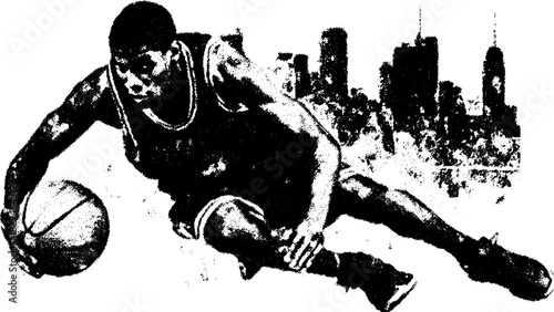 Basketball player in action on the court. Dynamic vector illustration capturing athletic movement and energy in a sporting context.