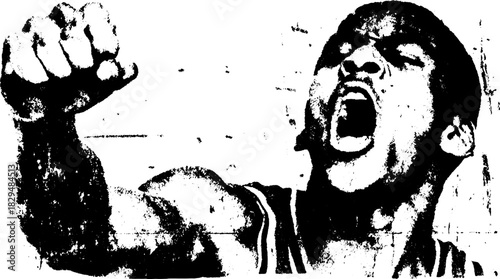 Basketball player shouting with a raised fist. A dynamic vector illustration, showcasing action and expression in a bold style.