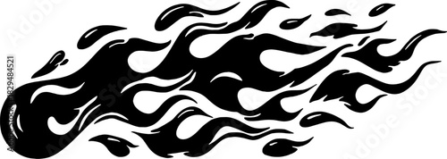 Black flame vector illustration in a vintage outline style. Dynamic design reflecting motion and energy in a simple artistic form.