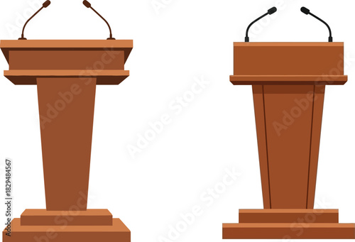 Two wooden podiums with microphones for public speaking and presentations