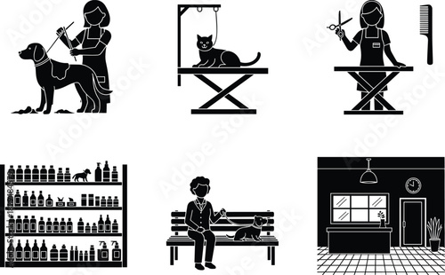 Black silhouette pet grooming vector illustration, dog and cat care service, pet shop interior, veterinary clinic, groomer tools, animal salon concept design, professional pet care icons set