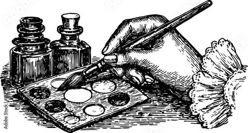 Hand holding a paintbrush over a palette with colors. Vintage vector illustration including inkwells and detailed line drawing elements.