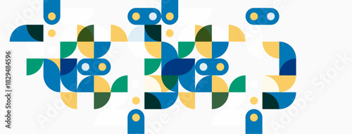 Abstract geometric shapes, blue, green, yellow. Minimalist design, clean lines, modern aesthetic. Bright colors, simple forms, flat illustration.