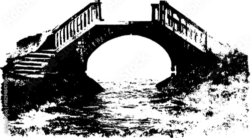 Bridge silhouette above calm water in an antique vector illustration. This vintage set features shadowy outlines and intricate details.