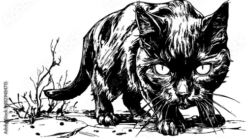 Cat outline engraving with detailed features in a vintage style. Wild nature illustration, perfect as a graphic vector set.