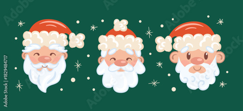 A festive vector set featuring Santa Claus faces with varied expressions, rosy cheeks, classic hat and beard details, ready for holiday designs and cheerful illustrations.