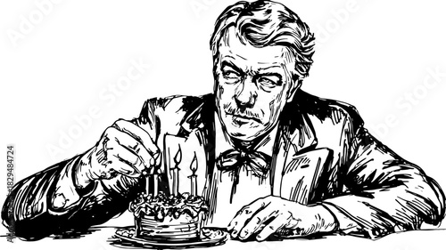 Vintage illustration of a man placing candles on a cake. Set of black outline vector drawings for a celebration or holiday occasion.