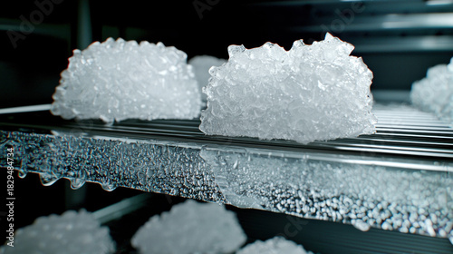 Icy gel chunks on metal rack with condensation and dramatic lighting conveying cold texture and refreshing feel