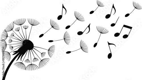 A black dandelion puff releasing its seeds and a beautiful stream of musical notes together