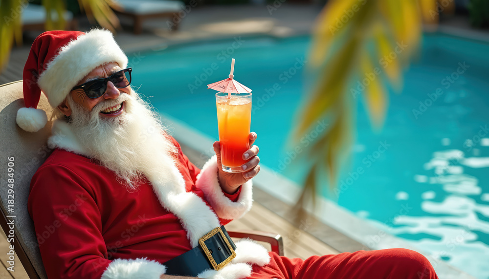 Naklejka premium Santa Claus in sunglasses enjoys a drink by the pool. Man wearing Santa suit relaxing on summer vacation. Festive celebration at tropical resort. Christmas in paradise concept.