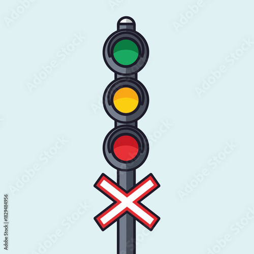 "Railway Signal Icon with Traffic Lights and Crossing Sign – Train Safety Vector Illustration"