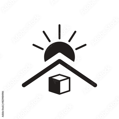 "Minimal House Delivery Icon with Sunrise and Package Box – Modern Logistics Vector Symbol"
