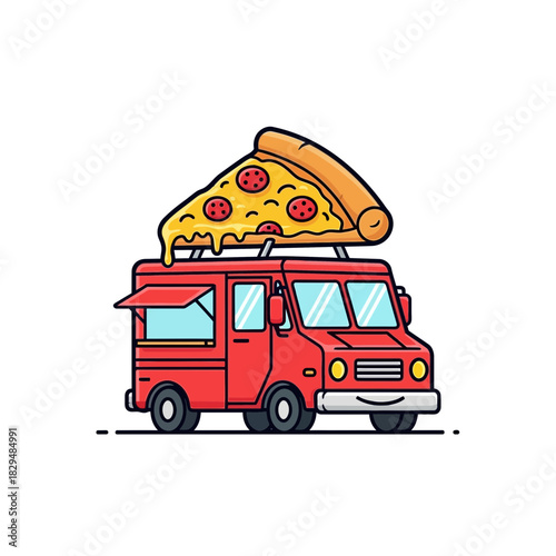 “Pizza Food Truck Logo – Red Mobile Pizza Van with Cheese Slice Illustration”