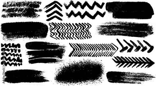 Collection of black brush strokes and textures. Abstract vector set of creative lines and patterns for graphic illustration.