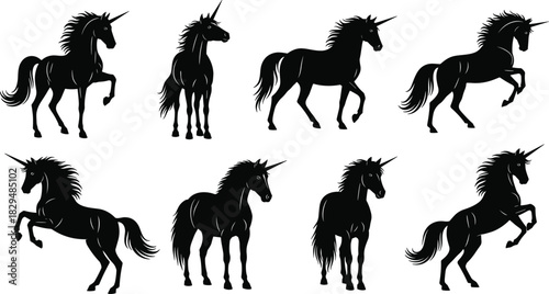Elegant unicorn silhouette collection featuring majestic poses, flowing manes and dynamic movement, ideal for fantasy artwork, decorative design elements, magical themes, vector illustration content