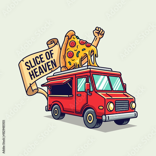“Pizza Food Truck Logo – Red Mobile Pizza Van with Cheese Slice Illustration”
