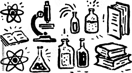 Science equipment set including a microscope, bottles, and books. Hand-drawn vector illustration featuring educational elements.
