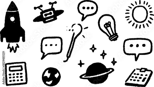 Rocket, UFO, and lightbulb icons with speech elements in hand-drawn style. Simple black and white vector illustration set for communication themes.