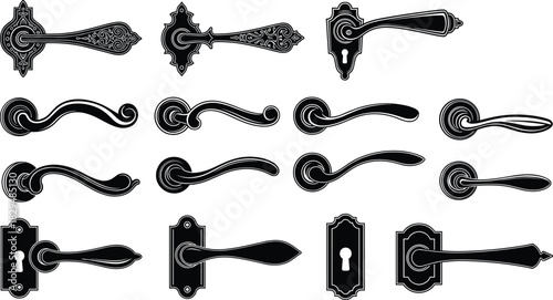 Elegant vintage door handle silhouette collection featuring ornate decorative designs, classic keyhole plates, detailed vector illustrations ideal for home 
