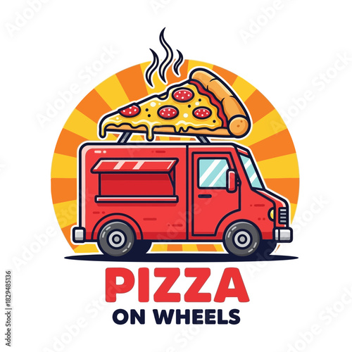 “Pizza Food Truck Logo – Red Mobile Pizza Van with Cheese Slice Illustration”