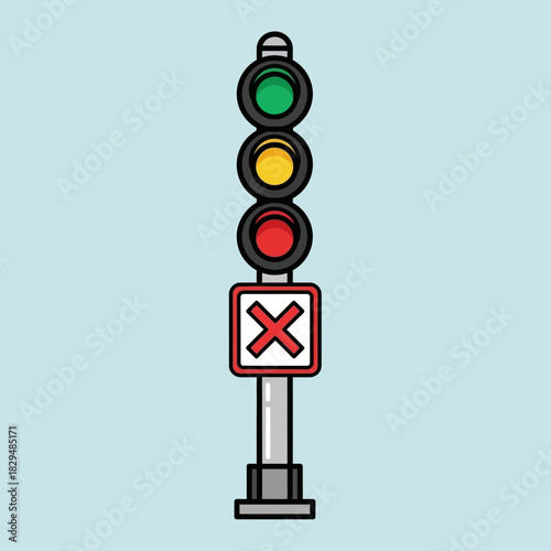"Railway Signal Icon with Traffic Lights and Crossing Sign – Train Safety Vector Illustration"