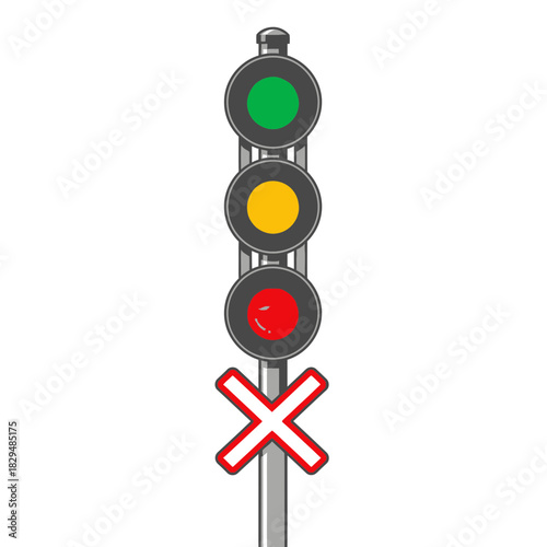 "Railway Signal Icon with Traffic Lights and Crossing Sign – Train Safety Vector Illustration"