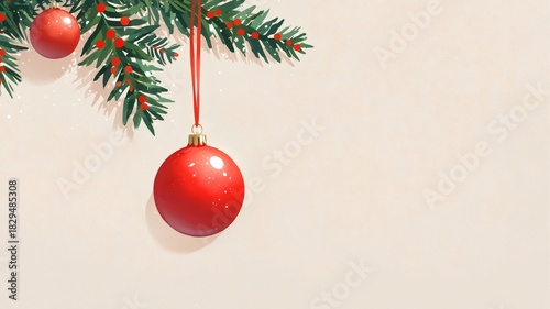Minimal Christmas still life with red bauble and pine branches, with copy space