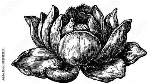 Lotus flower illustration in black and white outline. Vintage engraving style, showcasing intricate details, perfect for a botanical vector illustration.