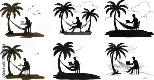 Freelancer working on laptop under palm tree hammock silhouette, tropical beach vector illustration showing remote work, digital nomad lifestyle, travel freedom, and summer relaxation concept