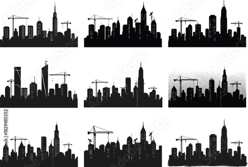 Modern city skyline silhouette with construction cranes and skyscrapers, urban architecture vector illustration showing infrastructure growth, development, and metropolitan cityscape design concept