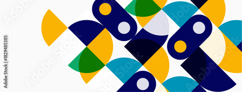 Abstract geometric shapes overlap, creating colorful patterns. Blue, green, yellow dominate white background. Modern design elements present.