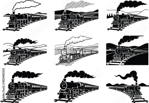 Vintage steam locomotive black silhouette set, classic train transportation design, retro railway engine vector illustration, old-fashioned travel concept with smoke and rail tracks