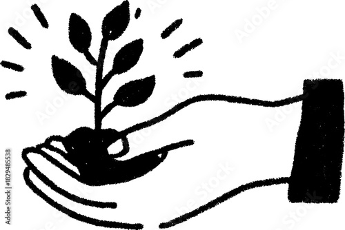 Illustration of a hand holding a seedling, symbolizing growth and care for nature. Simple monochrome vector design conveys the nurturing concept.