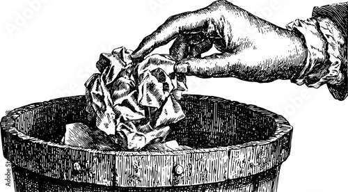 Hand holding crumpled paper to throw into a trash bucket. Vintage vector illustration depicting waste and recycling concepts in a simple style.